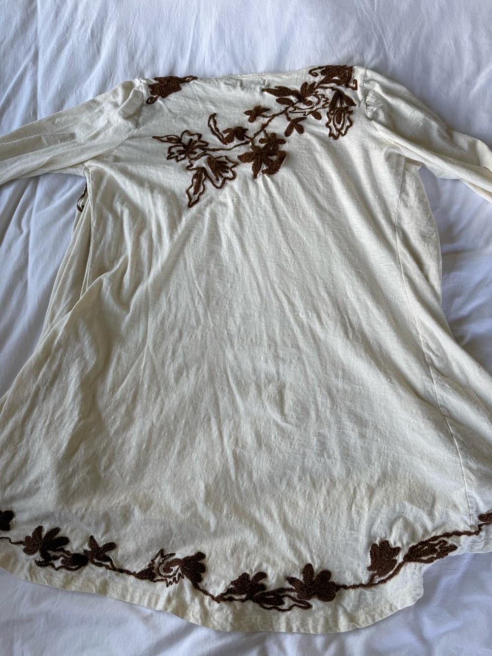 Embroidered Floral Long Sleeve Women's Top - Cream with Brown Detail